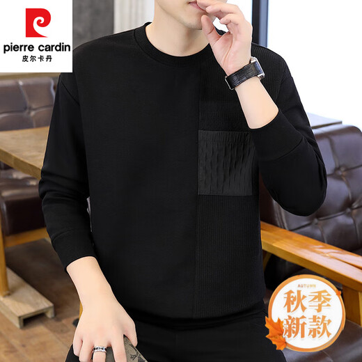 皮尔卡丹（pierre cardin）长袖T恤男士春秋季宽松无帽圆领卫衣设计感拼接款休闲高级感上衣 6627黑色 M
