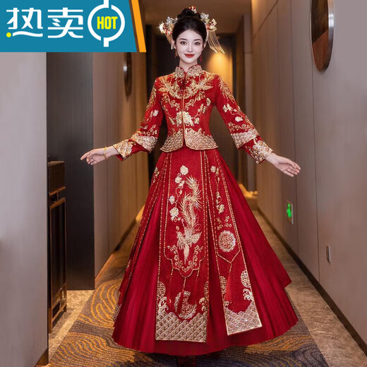 Shantoulin Village Wedding Dress, Phoenix Crown, Red Charm, Couple Xiuhe Clothing 2025 Bride Wedding Toast Clothing Small Wedding Dress Chinese Wedding Clothing Fenglaiyi Pleated Diamond No Jewelry M Recommended 120-140Jin[Jin equals 0.5 kg]