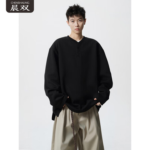 CHENSHAUNG solid color 300Jin Jin is equal to 0.5kg sweatshirt men's fat Henry collar long-sleeved T-shirt extra large size simple outdoor casual bottoming shirt jacket black 8XL recommended 270-300Jin Jin is equal to 0.5kg