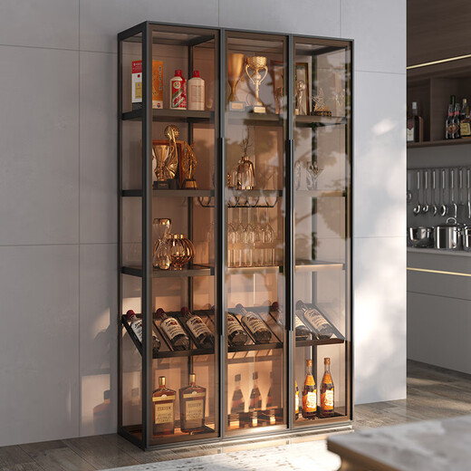 Yusenyi wall-mounted custom glass wine cabinet brushed gold display cabinet black frame + tea glass 1200x2000mm including wine glass holder