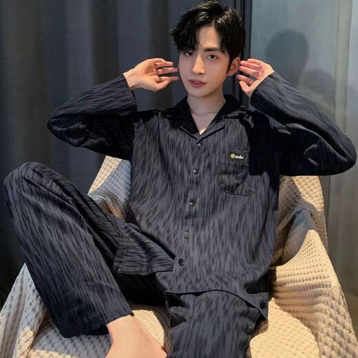南极人男士100%纯棉睡衣春秋长袖大码宽松开衫青少年家居服套装透气 jL9923纯棉套装 均码 L码[建议110-135斤穿]