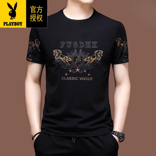 花花公子（PLAYBOY）高端款短袖t恤男士冰丝半袖夏装卫衣丝光棉刺绣宽松中年上衣服潮 X733黑色 M 165【建议-120斤】