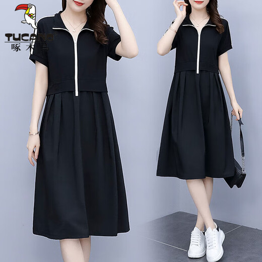 Дятел летнее толстое ММ в корейском стиле свободное облегающее платье с короткими рукавами женское большого размера 200Jin Jin равно 0,5 кг Толстая повседневная юбка, закрывающая живот, черная 5XL рекомендуется 180-200Jin Jin равна 0,5 кг