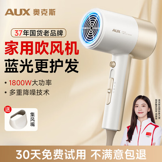 AUX hair dryer household 1800W high power high wind hair dryer constant temperature hair dryer soft sound noise reduction hair dryer practical gift for family and girlfriend, champagne color blue light hair care + quick drying + soft sound and low noise
