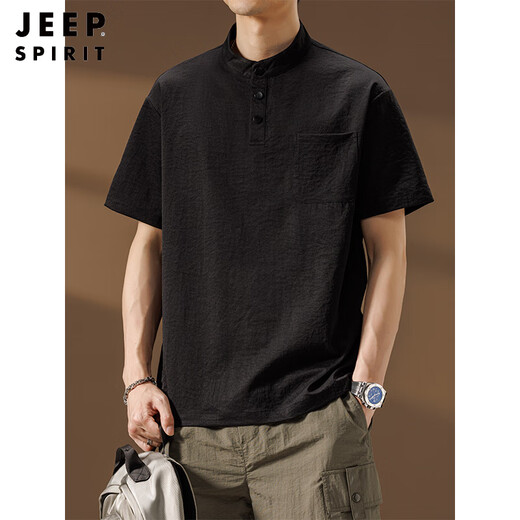 JEEP SPIRITPOLO shirt short-sleeved men's Henry collar 2025 summer thin stand-up collar quick-drying loose T-shirt Zhongshan breathable tops gray L weight range 120-140Jin Jin equals 0.5 kg