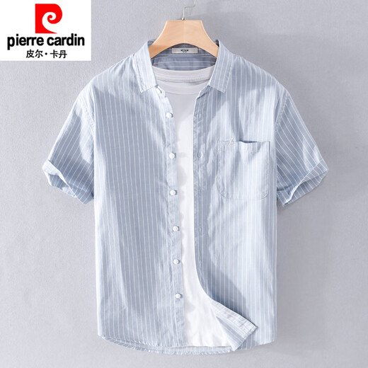 皮尔卡丹（pierre cardin）男士条纹短袖衬衫夏季宽松薄款衣服含棉刺绣休闲百搭衬衣夏装针织 9738蓝色条纹 M 100斤左右