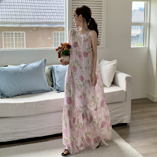 猫人（MiiOW）无袖睡裙女款2025新款纯棉绸夏季背心加长款到脚踝长裙性感家居裙 8002无袖裙红波点缩水大 均码 T裙长13590-150斤