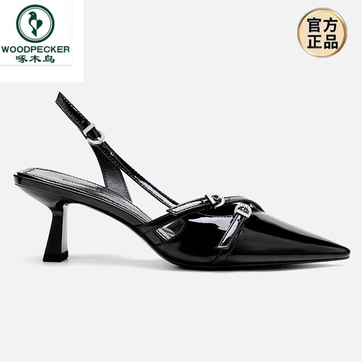 Woodpecker 2025 Été Nouveau chaton de cuir breveté noir Sandales à talons Sandales Toe Talon Slim Chaussures simples Points Talons hauts pour les femmes Black (3,5 cm) 9272 34