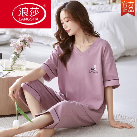 浪莎（LangSha）睡衣女夏短袖七分裤纯棉千鸟格套装夏天韩版可外穿休闲宽松家居服 香槟色 短-袖七-分裤-679 M 女【80-100斤】