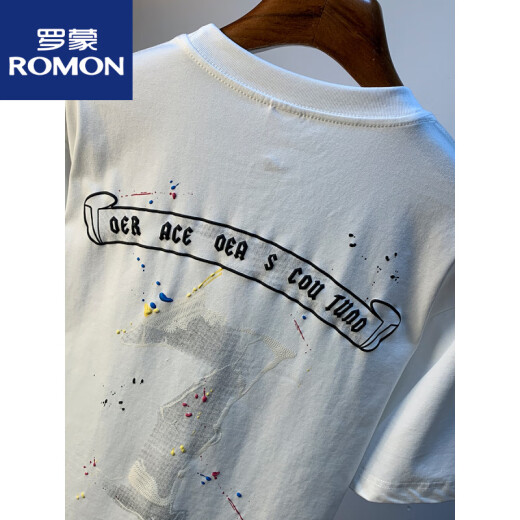 罗蒙（ROMON）夏季男款短袖T恤宽松休闲圆领薄款衣服2025新款绣花半截袖体恤男 白色 HJ6630 M 适合 95-110斤穿