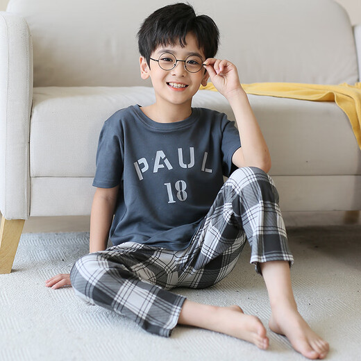 曼妮朵儿童睡衣男童短袖长裤秋装男孩全棉空调套装大童青少年纯棉家居服 N9926【短长】 140 16码建议135-145cm