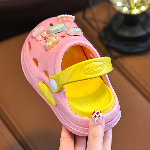 Eva Sommer neuer zweifarbiger süßer Cartoon Boy und Mädchen-Loch-Schuhe Nicht rutschfeste, kräftig-resistente atmungsaktive Heimlochschuhe rosa [Kristall] 32 Innere Länge 20 cm