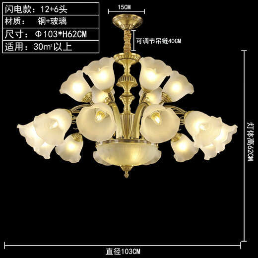奥灯美式乡村全铜吊灯田园客厅灯温馨花朵卧室餐厅欧式吊灯具9227 闪电款12+6头铜灯