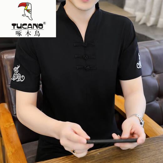啄木鸟（TUCANO）冰丝t恤男士短袖2025新款男装中国风V领半袖夏季薄款中式盘扣体恤 E9871黑色 (冰丝滑料) M