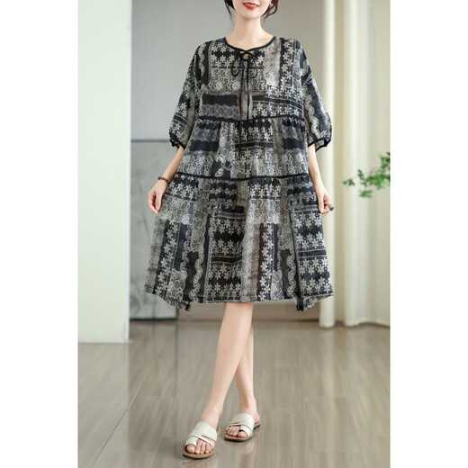 Jiandang large size women's fat MM summer printed neckline tether loose to cover the belly 200 Jin [Jin equals 0.5 kg] Slimming dress 6190 Black 2XL [165-190 Jin [Jin equals 0.5 kg]]