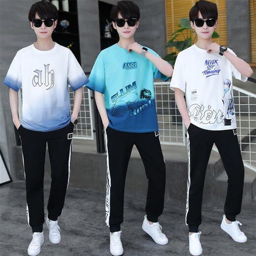 Zhaoxun 12-15-year-old boy T-shirt suit 13 junior high school students short-sleeved T-shirt fat boy handsome summer suit 14 big boys 9226 white and blue (short sleeves + long trousers) S 160 (60-75 Jin [Jin equals 0.5 kg])