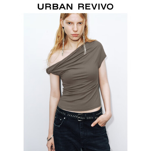 UR2025 new autumn women's trendy shoulder collar twisted slim T-shirt UWJ450152+ light gray brown M