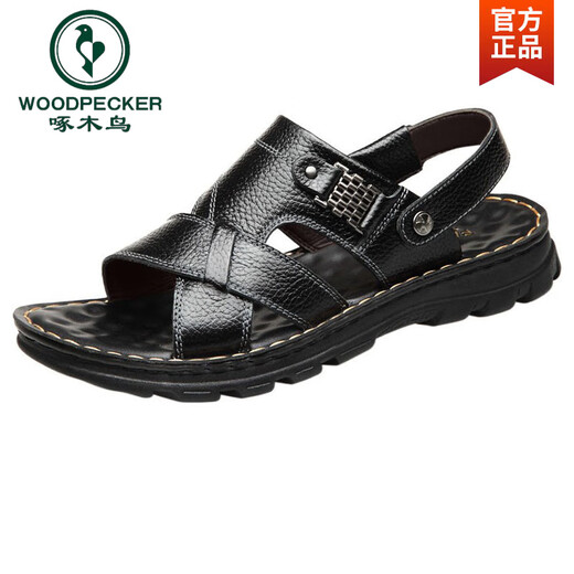 
Woodpecker 2025 summer sandals men's genuine leather casual beach shoes soft sole non-slip dual-purpose middle-aged open-toed sandals driving 9928 brown top layer cowhide + massage bottom 38