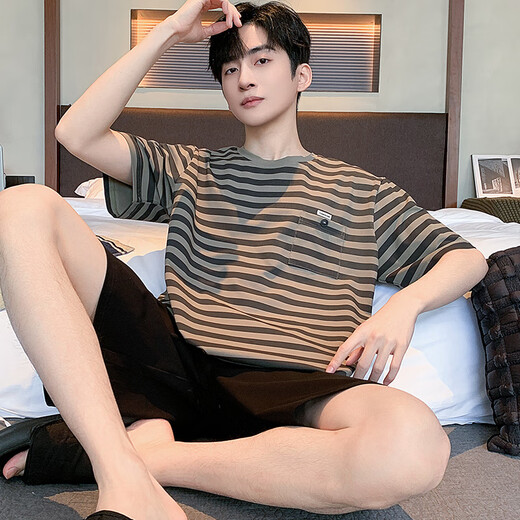 
Hongdou (Hodo) pajamas for men's summer short-sleeved home clothes striped casual summer suit YZT679 men L [Suggested 110-135 Jin [Jin equals 0.5 kg] wear]