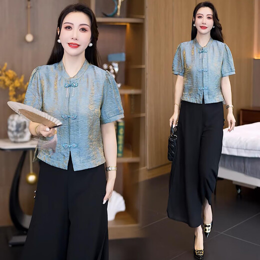 Xin Yimei's new Chinese style shirt for women in 2025 summer new style small and stylish slim squid short-sleeved jacquard shirt rose red top L [105-115Jin[Jin equals 0.5 kg]]
