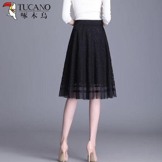 TUCANO; Woodpecker lace skirt for women with fashionable and versatile drooping A-line skirt to make you look slim and elastic waist 2025 summer new style black 693 thin thin S 80-90