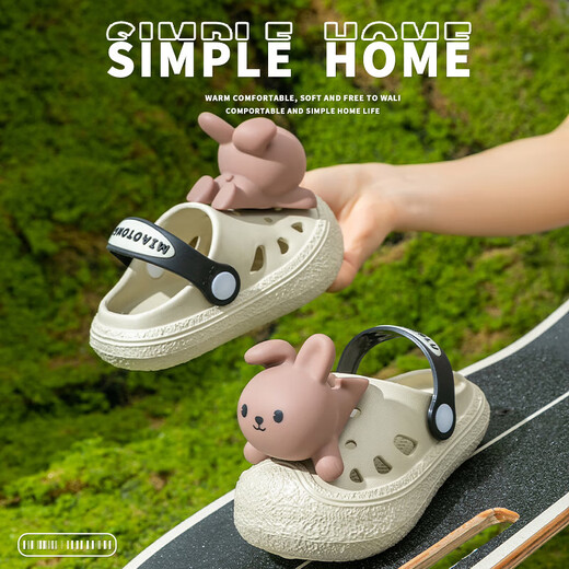 Eltern-Kind-Stil Kinderlochschuhe für Jungen und Mädchen dreidimensionales Kaninchen Anti-Rutsch-Slip Ultra-auf-dick-Soled Home Outdoor Baby Sandalen Schwarze 24 innere Länge 16 cm