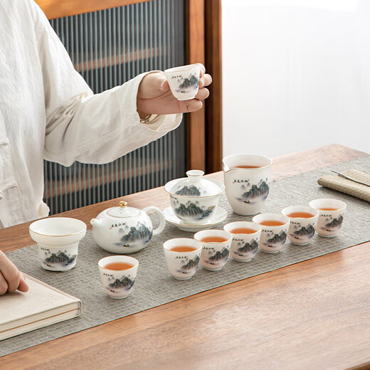 Gold inlaid jade mutton fat jade porcelain tea set Household ceramic tureen teapot teacup Kung Fu tea set complete gift box Taoyuan Yiju teapot tureen set 13 pieces