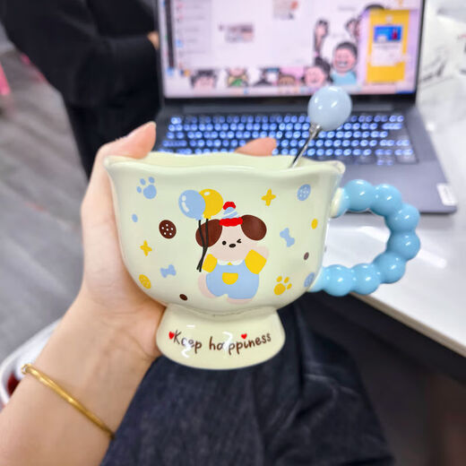 Cute cartoon ins mug, high-looking mug, ceramic couple water cup, birthday gift for girls, souvenir, blue cute puppy, single cup