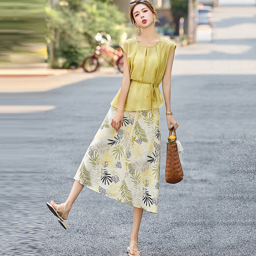 Ehangy轻奢品牌连衣裙女2025夏季新款时尚系带收腰印花无袖设计感裙子 黄色 L
