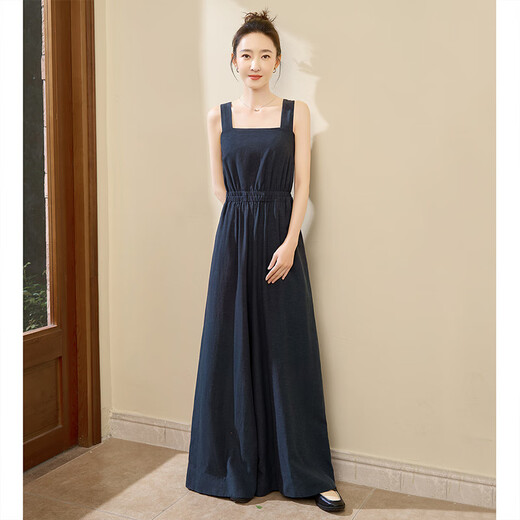 丝柏舍【明星同款】时尚连体裤2025夏装新款女装高腰阔腿背带裤 藏青色 L