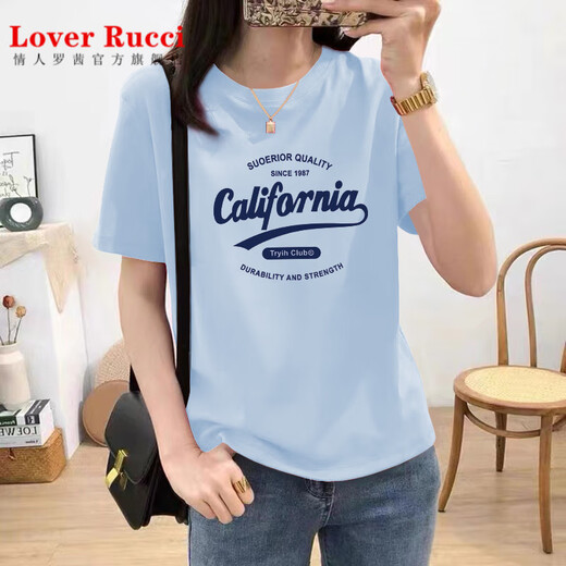 Amante Rucci Camiseta de manga corta de algodón puro blanco para mujeres Hong Kong Fabor Chic Top 2025 Summer NUEVA VERSIÓN COREANA TRENDA TRENDA LOGRA TAMAÑO BLANCO 6172 Modelo regular blanco (estampado azul) S