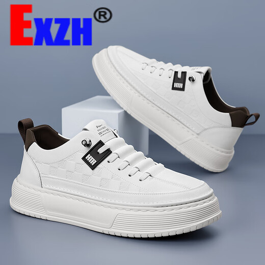 
EXZH brand men's shoes 2025 spring new white shoes men's trendy and versatile leather breathable height-enhancing men's shoes ZH6227 white 38