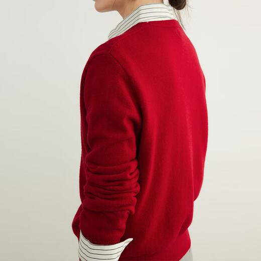 ROMON sweater women merino 100% wool 2025 spring and autumn new style V-neck sweater jacket women layered top Space red L