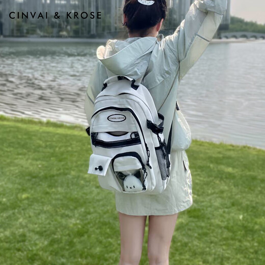 CinvaiKrose官方小c&k校园双肩包女式2025新款大容量多隔层初高中生背包书包 米白