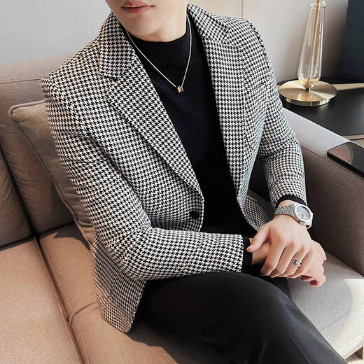 NJSKAKW西装男中青年男士小西服上衣春秋季西装休闲外套修身格子单便西薄 866千鸟格-黑白格 XL 180/96A 建议130-150斤