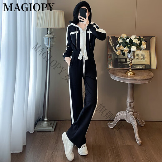 MAGIOPY国际奢侈高档品牌欧货高级感休闲运动套装女秋季时尚减龄连帽外套 黑色 S(100斤以内)