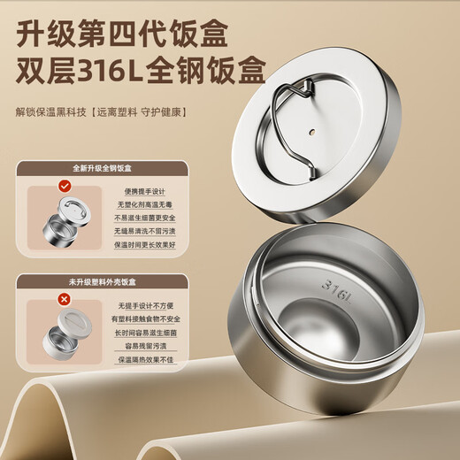 NRMEi 24H long-lasting thermal insulation lunch box bucket 316 stainless steel large capacity multi-layer portable pot for students and office workers 3200ml 1 bucket 4 boxes + 316L material + free tableware, dark red