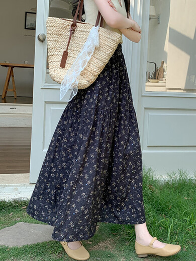 蓝色碎花半身裙女夏季2025新款高腰显瘦a字裙设计感小众遮胯长裙 9196黑色 S