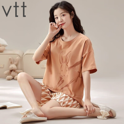 
VTT new pajamas with chest pads for summer women's short-sleeved shorts two-piece suit casual cartoons for home wear V short-sleeved suit: WP1047 M