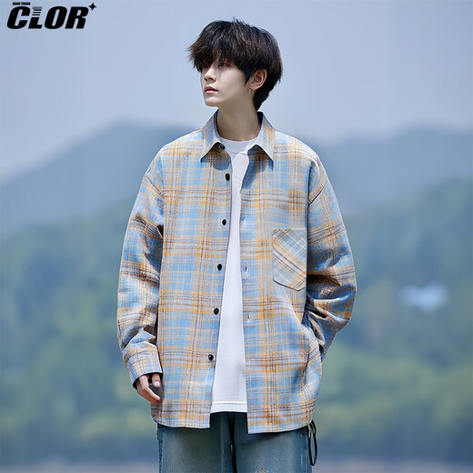 CLOR plaid long-sleeved shirt men's autumn ins loose casual shirt American retro jacket CLCX10 yellow XL