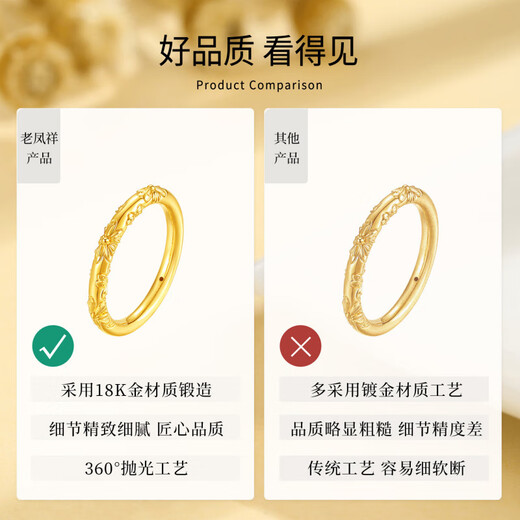 Lao Fengxiang 18k gold gold ring for women, Bauhinia plain ring bracelet, Chinese Valentine's Day gift for girlfriend, 18k Bauhinia ring #15 rose box