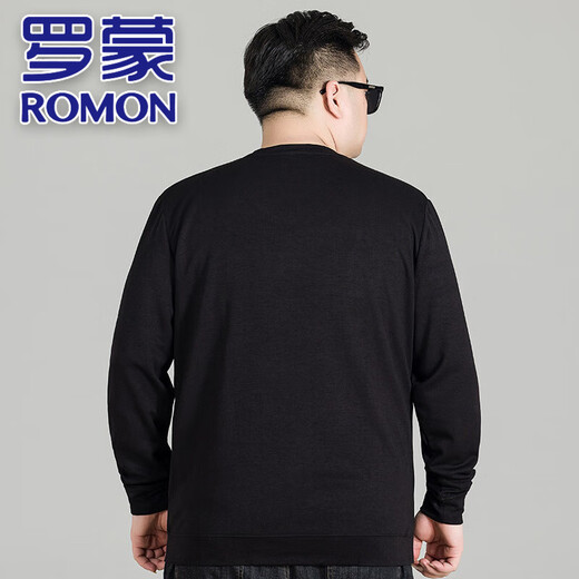 罗蒙（ROMON）轻奢加肥加大圆领男士长袖T恤卫衣胖子男装大码宽松休闲套头上衣 9855黑色 7XL (建议250-270斤)