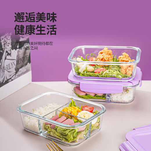 Daimon Lunch Box Mikrowellenofen Erhitzt Gla Student Lunchbox mit Deckel Office Worker Lunchbox Dampfschale separat und frisch halten. Große Länge 3 Partitionen 1050 ml lila Deckel [hohes Bormaterial ist kaltresistent und hitzebeständig]