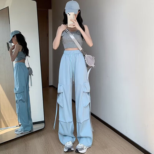 
Casual simple dopamine wear work pants for women in spring and summer drawstring hip-hop thin style wide-leg floor trousers MY-687 yellow XL