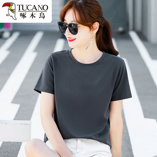 Camiseta de algodón puro de algodón puro para mujeres con cuello redondo suelto versátil camiseta de base sólida de color sólido Top 6172 Polvo de cuero M recomendado 80-105 Jin [Jin equivale a 0,5 kg]