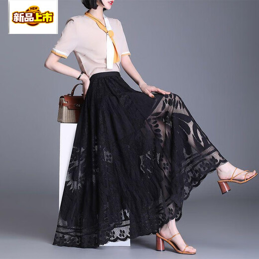 
First-diameter French lace skirt for women 2025 spring and summer new A-line mid-length skirt with large sway mesh hollow middle-aged pleated skirt black extended (lace skirt) M (recommended weight 75-100)