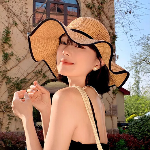 逸兼遮阳帽蝴蝶结波浪边草帽女夏季复古大帽檐遮阳帽海边沙滩度假帽子 波浪渔夫帽草帽【卡其均码】 自带防风绳