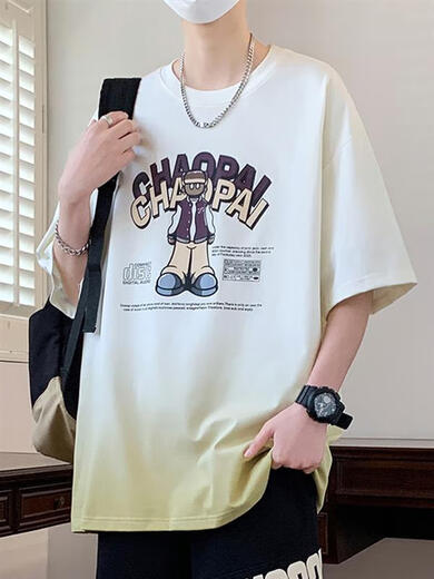 柏普斯 BPSO青少年短袖t恤2025新款男孩初中生潮流帅气半袖大童宽松夏装上衣 6169米白色单件短袖 品质升级 M 70-90斤左右