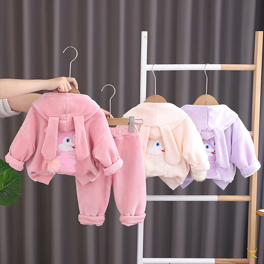 Autumn and winter thickened double-sided velvet rabbit sweatshirt two-piece set with three-dimensional rabbit ears and rabbit tail cute childlike baby set thickened double-sided velvet rabbit-pink 90 Recommended height 75-85