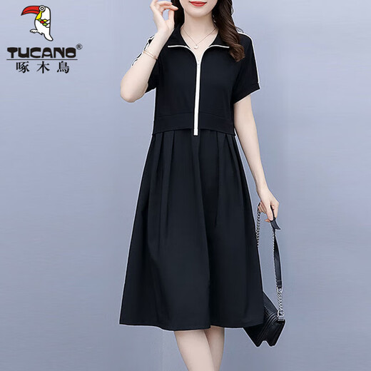 Дятел летнее толстое ММ в корейском стиле свободное облегающее платье с короткими рукавами женское большого размера 200Jin Jin равно 0,5 кг Толстая повседневная юбка, закрывающая живот, черная 5XL рекомендуется 180-200Jin Jin равна 0,5 кг